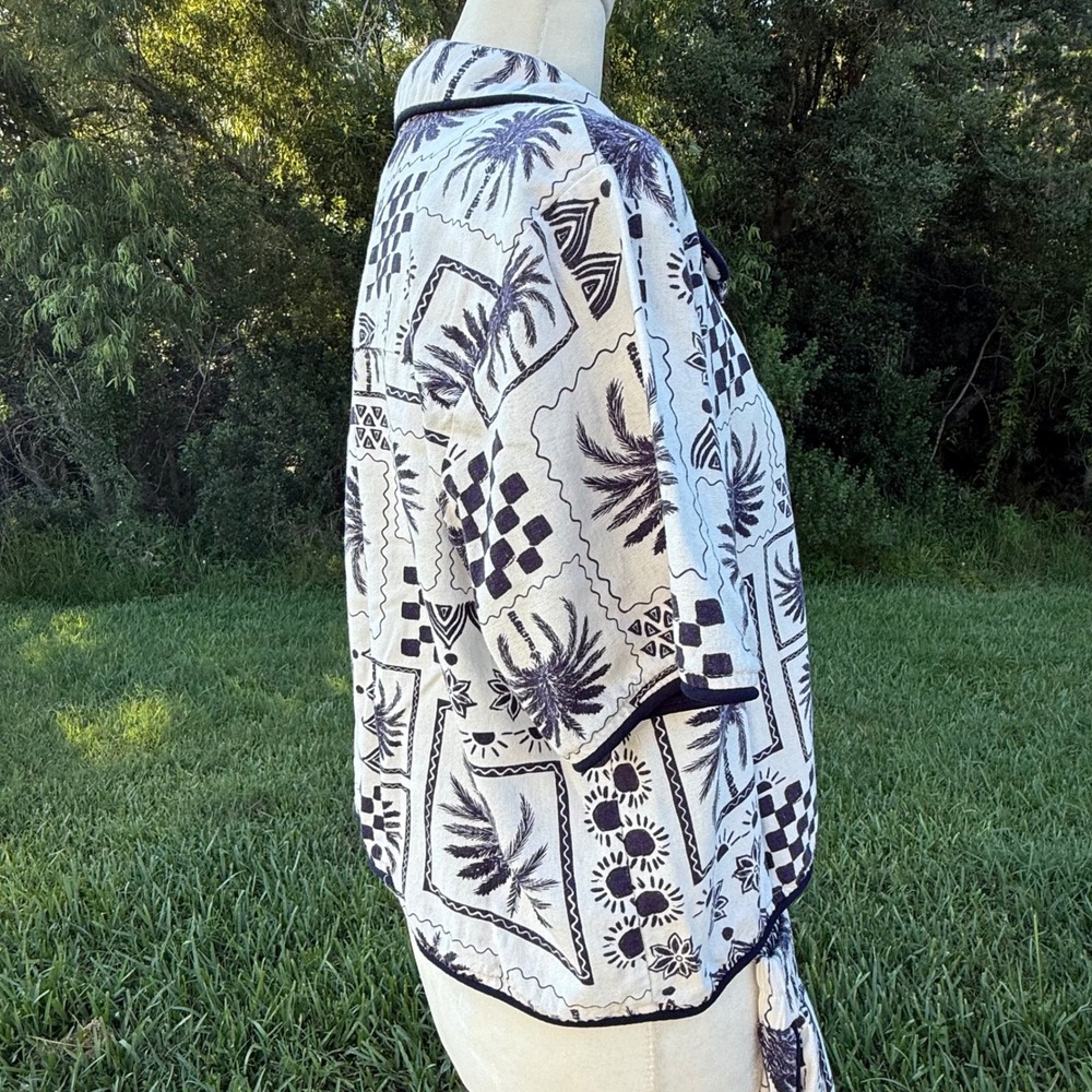Palm Tree Resort Linen Blend Printed Pant Set Women L White Black Vacation - Picture 5 of 7